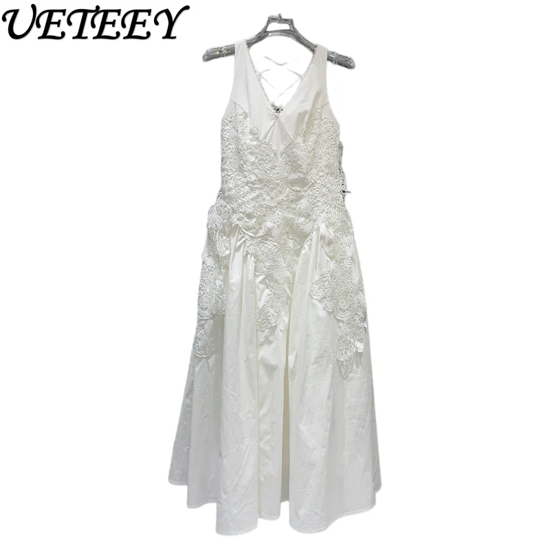 2025 Estate nuova celebrità francese a vita alta con scollo a V senza maniche abito da festa lungo bianco gancio in pizzo splicing maxi abiti gilet