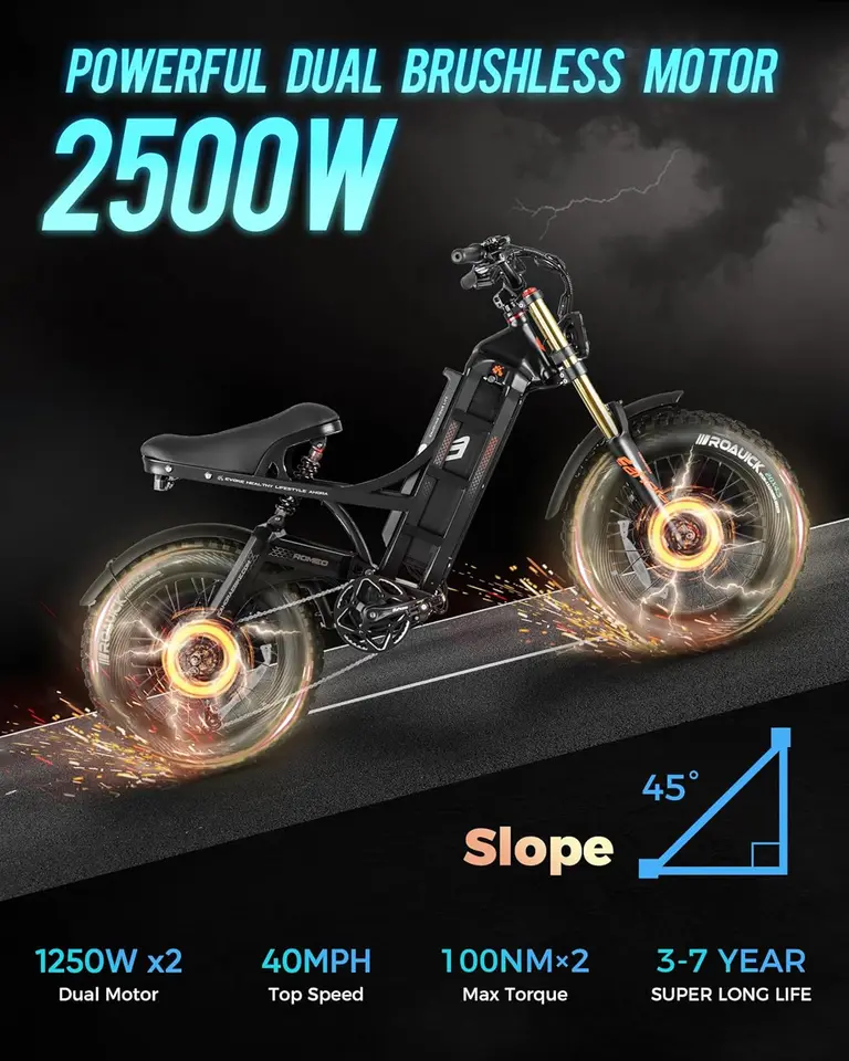Romeo Pro/Romeo 2/Romeo Ultra 34-43Mph 1600-3000W Electric Bike for Adults 48-60V 60-70Ah 200Miles Long Range, 20*4.5/26* image 5