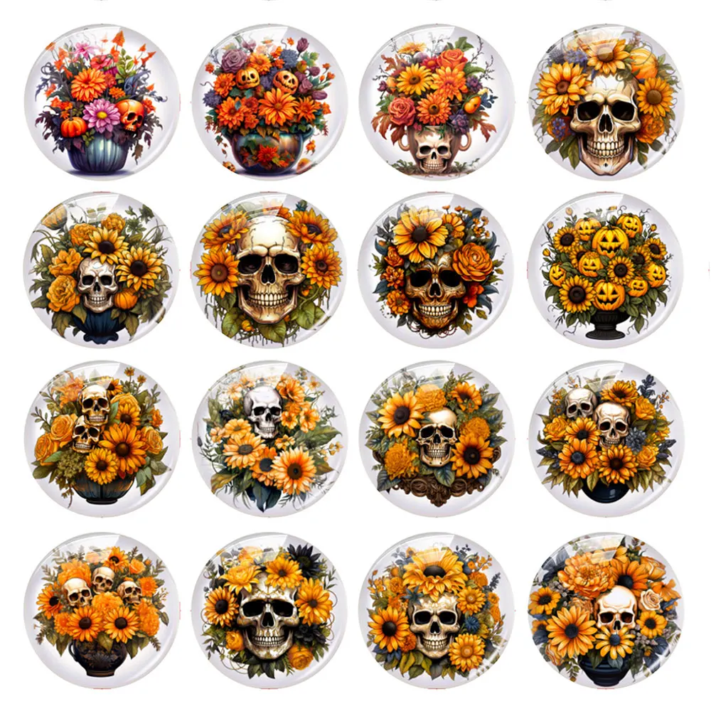 

Handmade Halloween Gothic Skull Head Sunflower Pumpkin Photo Glass Cabochon Charms Flatback Demo Cameo For Diy Jewelry Making