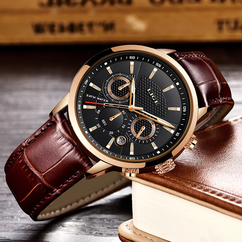 LIGE Waterproof Watches For Men Fashion Sport Quartz Chronograph Men Watch Top Brand Luxury Brown Leather Military Watch Men