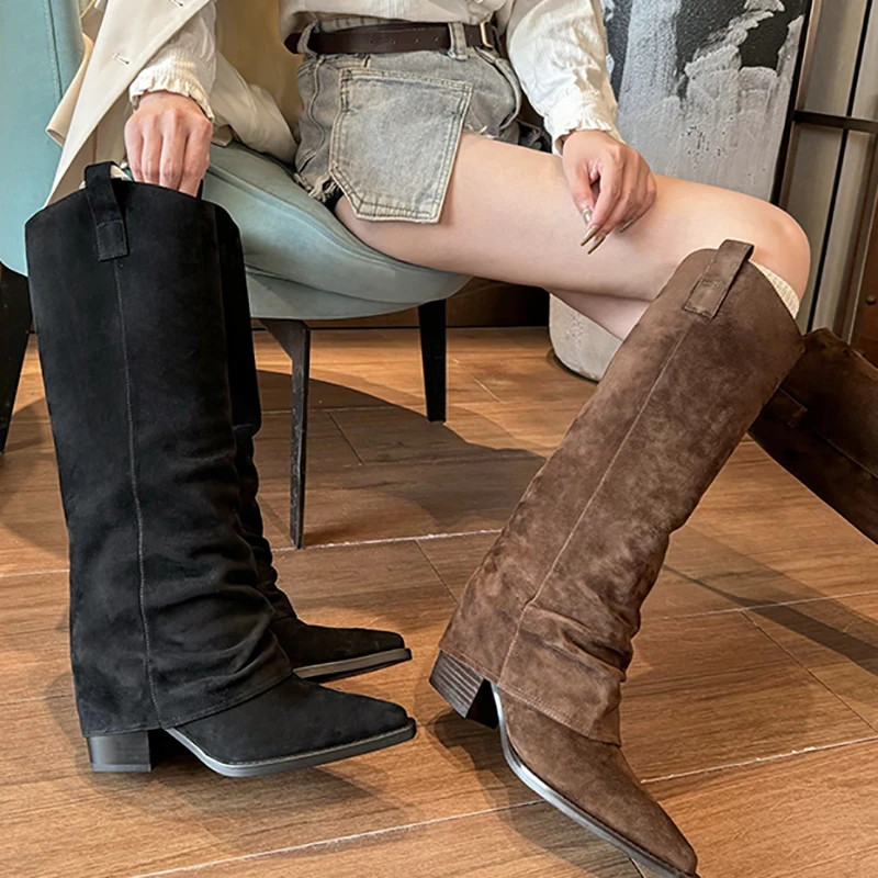 New Cowboy Western Boots Slip-On Long Tube Boots Women Knee-High Boots Women Slip-On Thick High Heels Women Party Botines Mujer
