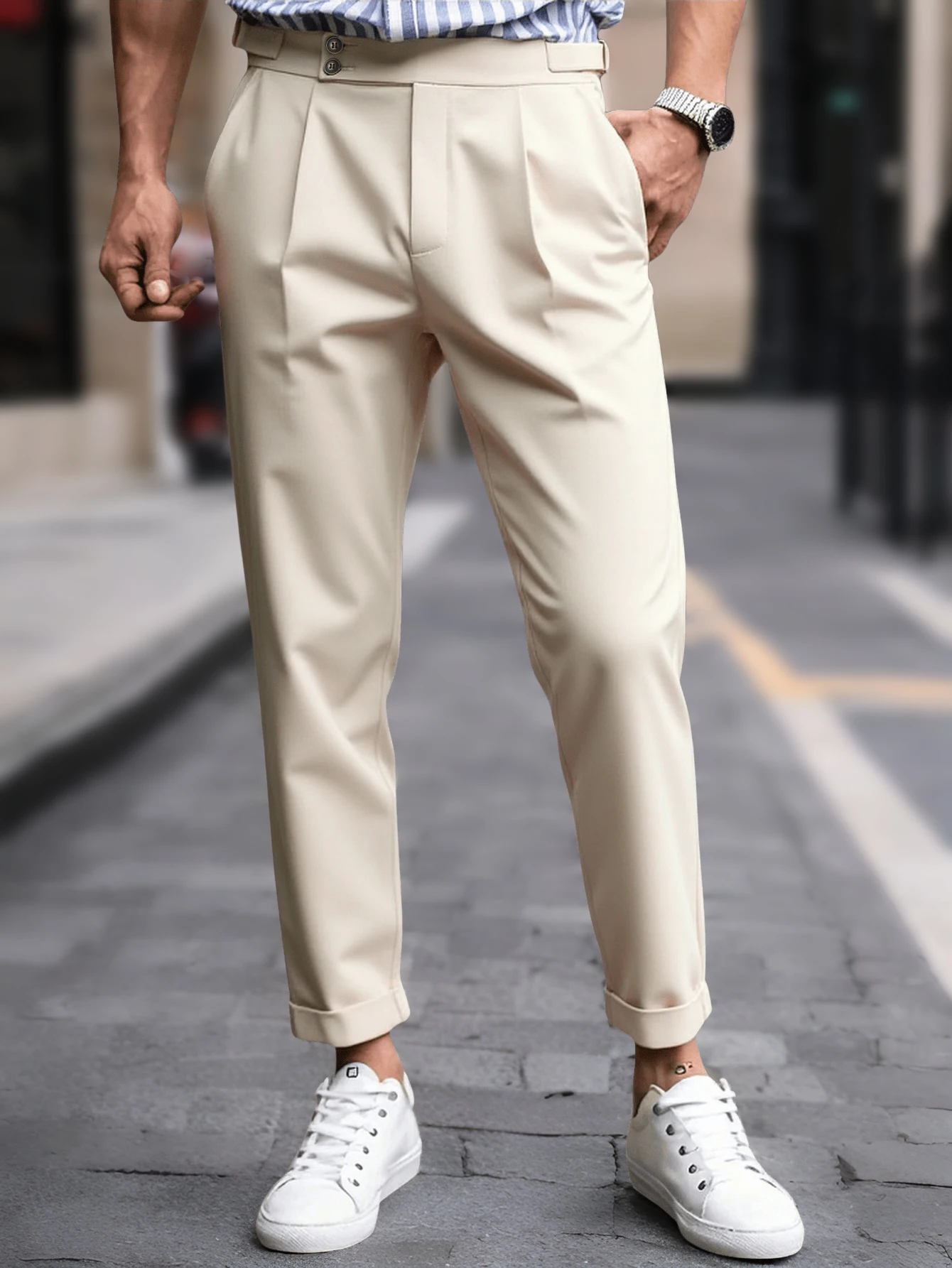 

Men's Gurkha High Waist Pleated Cuffed Cropped Dress Pants Polyester Viscose Elastane Business Casual Black Beige Trousers