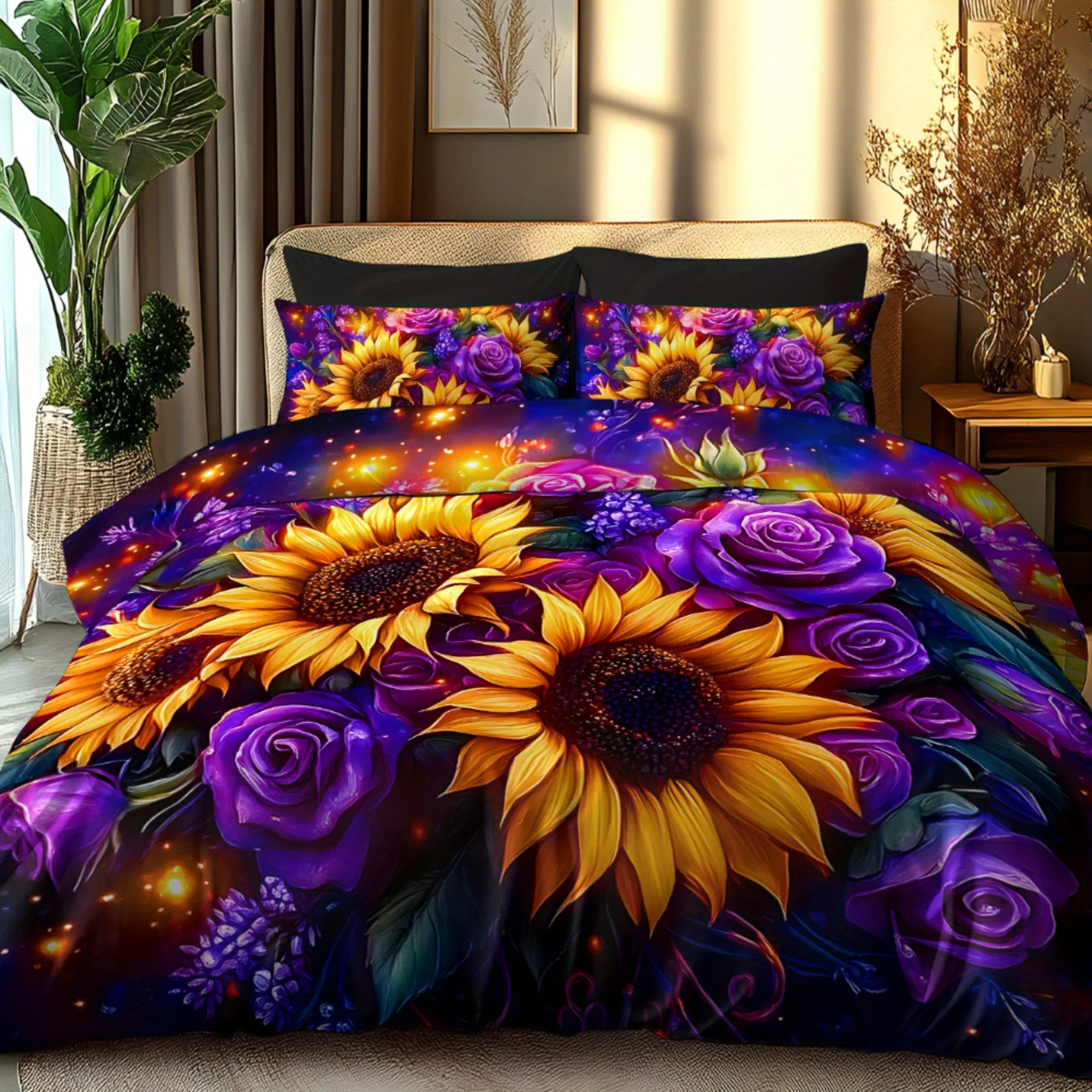 Purple Sunflower Bedding Set Soft Brushed Polyester Digital Print Comfortable Quilt Coverlet Duvet Insert King/Queen Size
