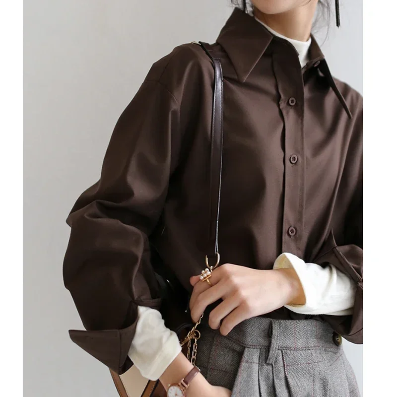 Coffee Blouse Women Spring Autumn Casual Solid Color Long Sleeve Shirt Women Korean Loose Shirt OL Style Workwear S-XL