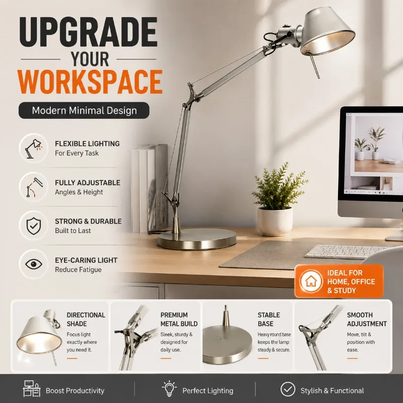 Modern Adjustable Swing Arm Desk Lamp Metal LED Table Light Study Office Bedroom Task Reading Lamp Home Decor  Fixture