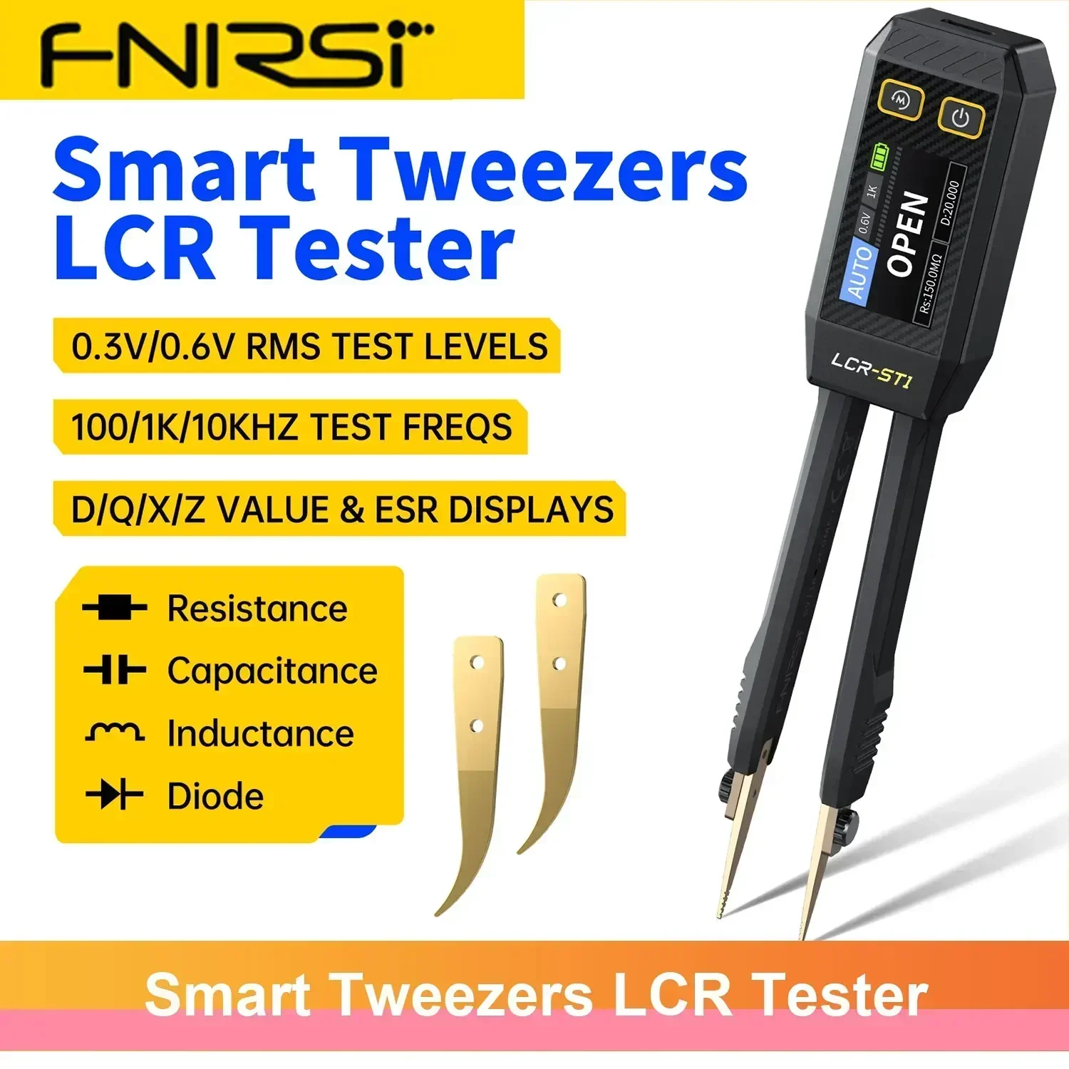 

FNIRSI LCR-ST1 Mini Smart Tweezer LCR SMD ESR Tester Resistance Capacitance Inductance Continuity Diode Test Measurement Tools