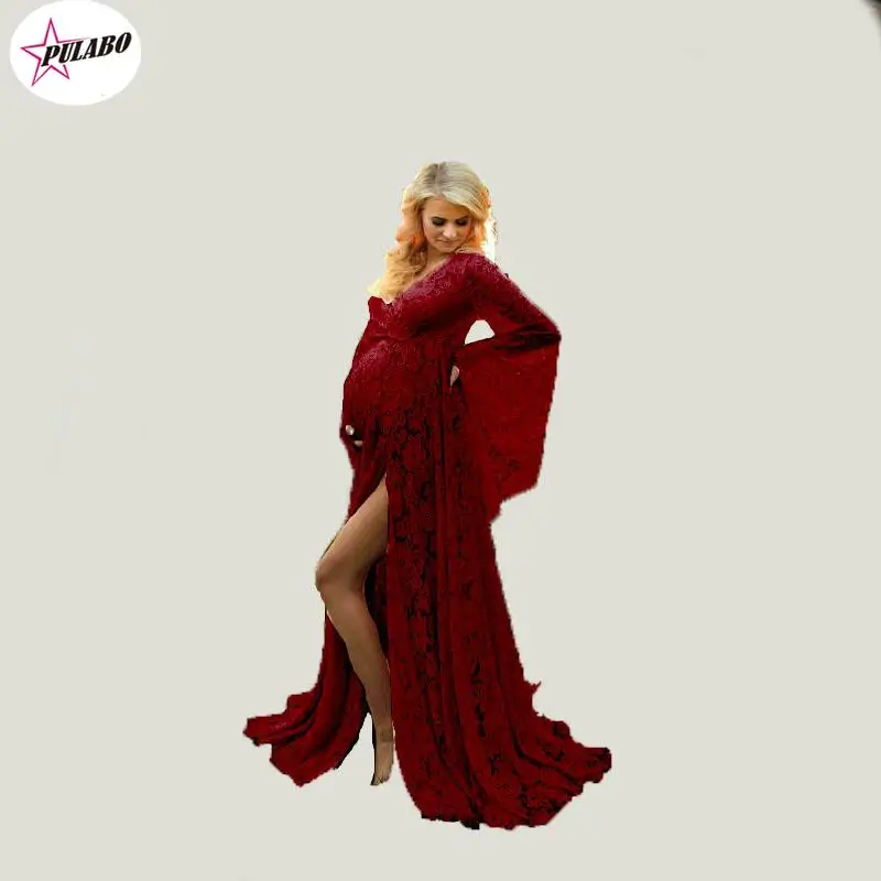 PULABO Red Shinny Wedding Party Dresses Lady V Neck Long Sleeve Gown Mother Of The Bride DressEvening Party Vestido Female