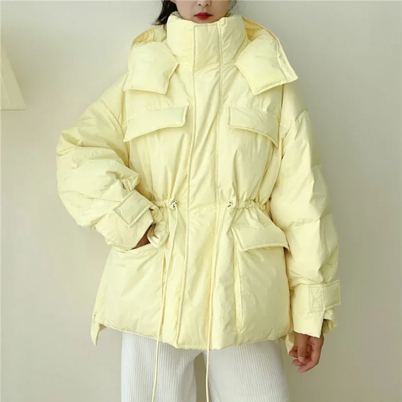 New Winter Hooded Parkas Warm Jacket Women\'s Down Cotton Coat Irregular Fluffy Bubble Drawstring Waist Loose Coat Cotton Coat