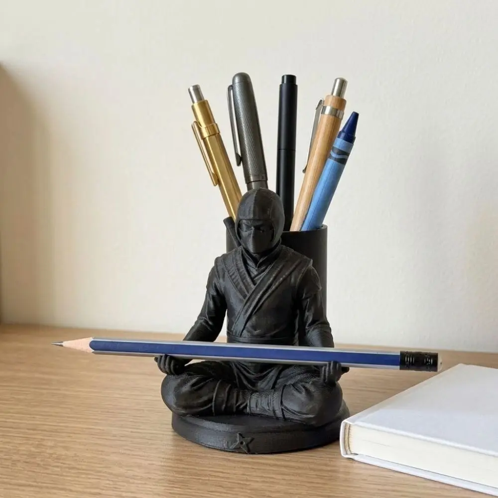3D Printed Ninja Figurine Pen Holder Zen Ninja Realistic Meditating Ninja Desk Stand Dark Style Funny Stationery Storage Holder