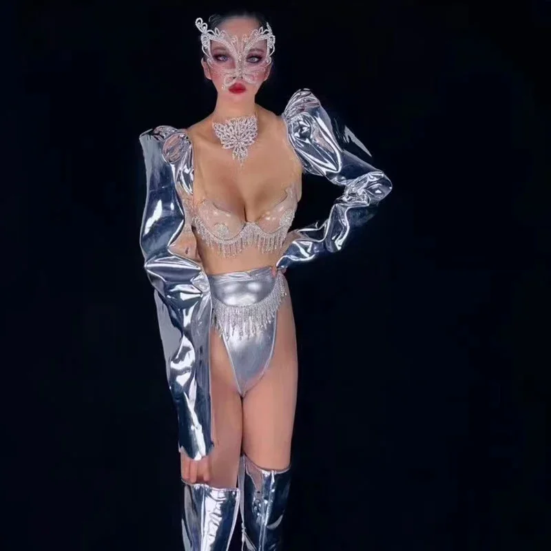 Sexy Rave Outfit Sliver Laser Bikini Women Party Pole Dance Clothing Bar Nightclub Dj Ds Gogo Costume Stage Festival Wear XS6926
