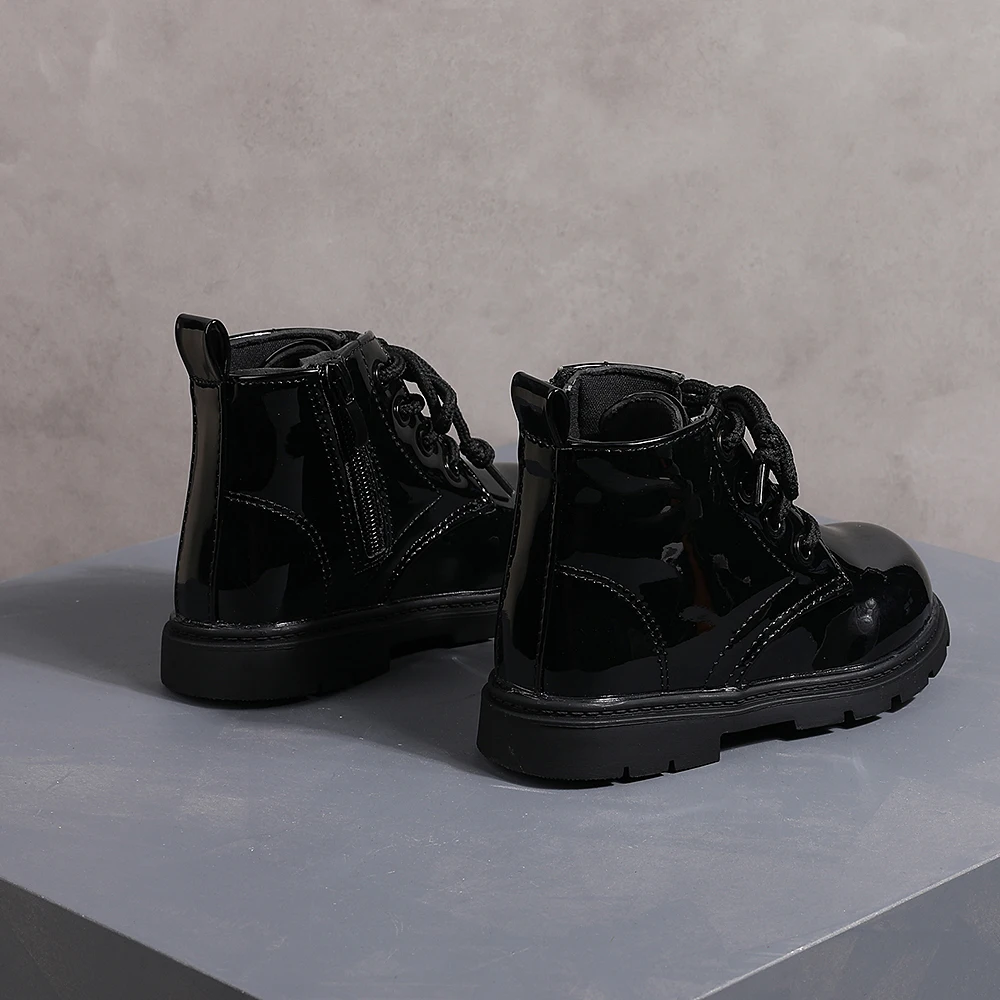 COMFY KIDS Toddler Black Patent Leather Side Zipper Ankle Boots Soft Non Slip Rubber Sole Kids Leather Shoes