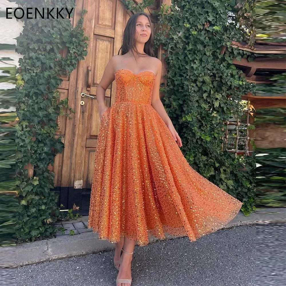 

Sparkling Prom Dresses Orange Sequin Strapless Birthday Party Dress A-Line Ankle Length Graduation Evening Gowns Women's Dress