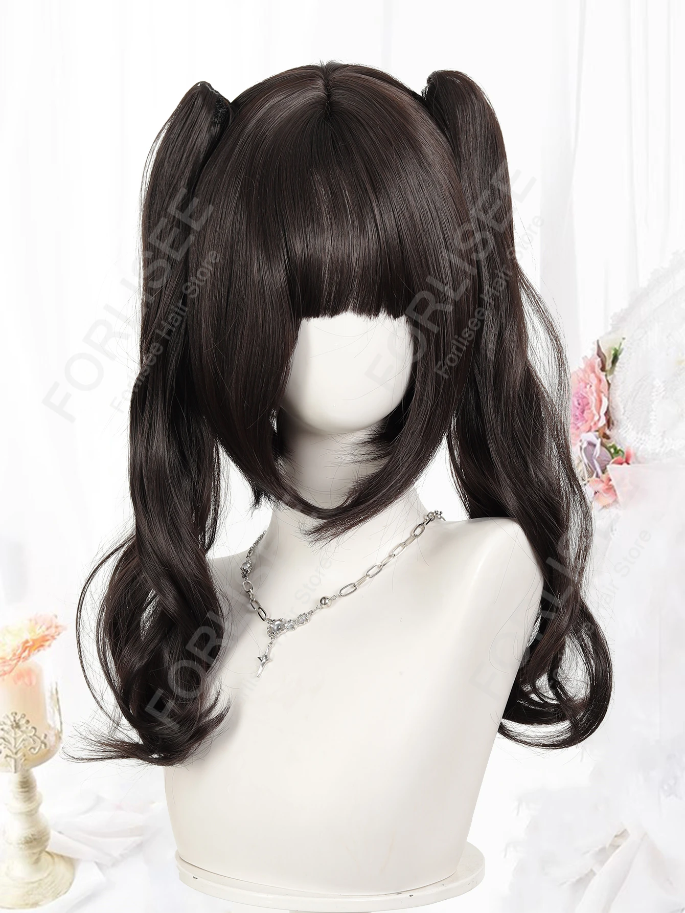 Dubbele paardenstaart Krullend haar Synthetisch Lolita Krullend haar met pony Donkerbruin Anime Pruik Oberl Vrouw Party Cosplay Pruik ﻿ LM