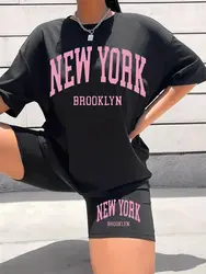 New York Brooklyn Letter Prints Short Sleeved Suit Fashion Women Tops & Shorts Two Pieces Set Summer Casual O-Neck Loose Clothes