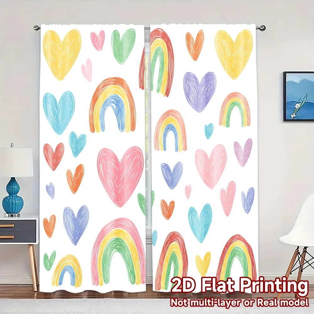 2D Flat Printing,JIT 2pcs, Curtains (Without Rod) Colorful Hearts Popular Curtains Digital Printed Versatile Fabric Curtains