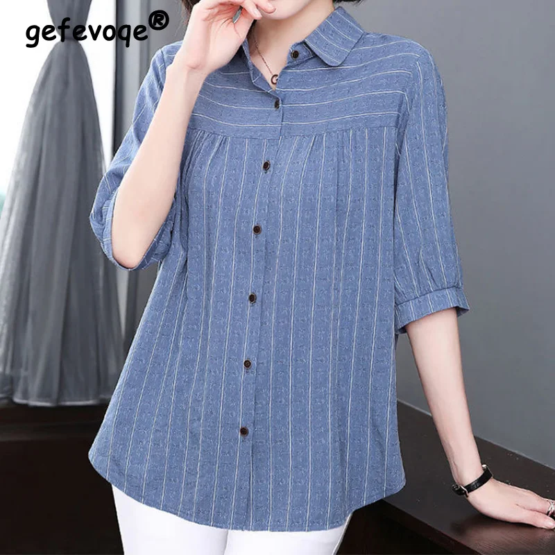 Casual Fashion Elegant Solid Color Striped Printed Button Shirt Summer 2023 New Polo-Neck Half Sleeve Loose Tops Ladies Clothing