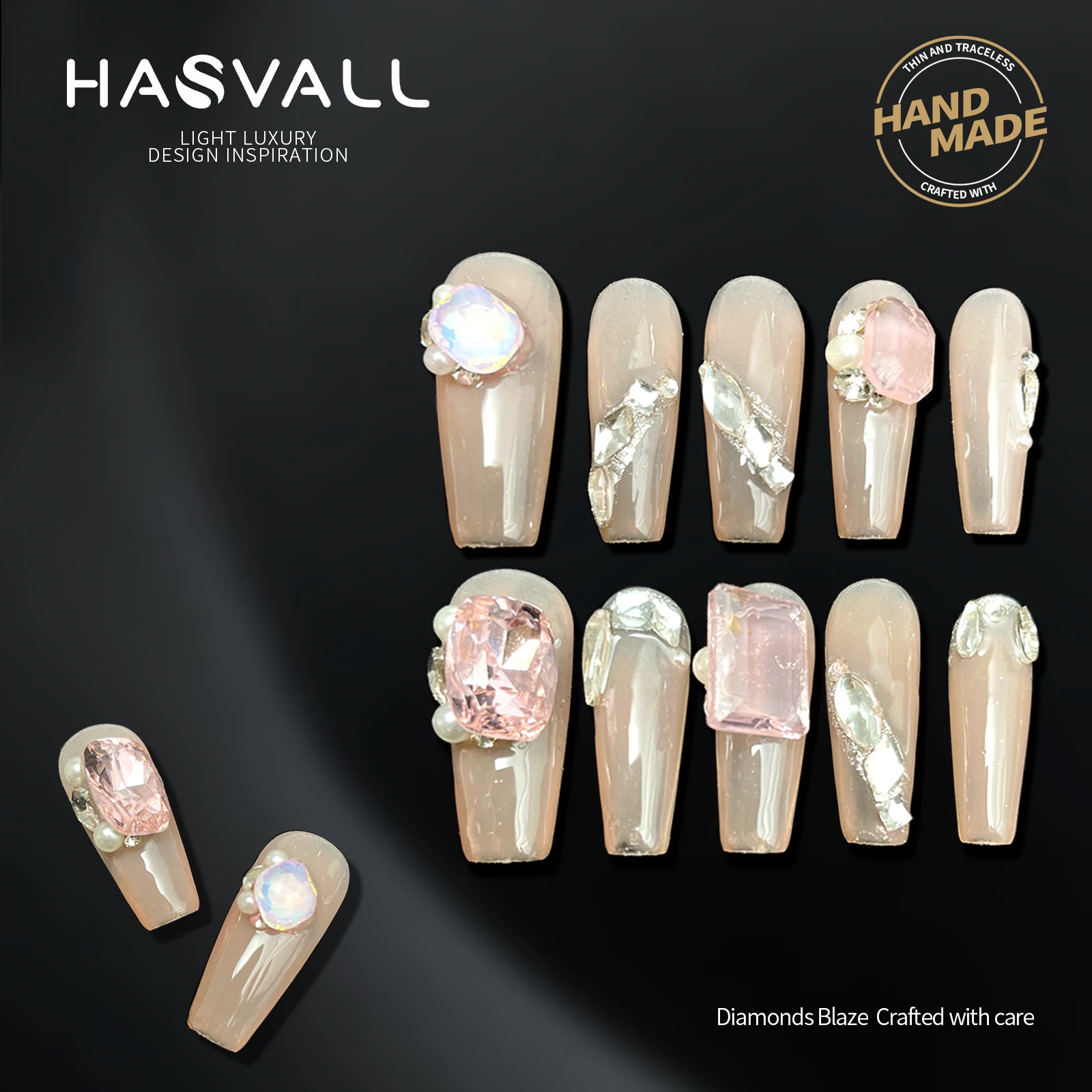 

HASVALL Handmade Press on Nails Long Coffin Square Diamond Luxury Design By Nail Technician Nude Nail Art Charms Reusable 10pcs