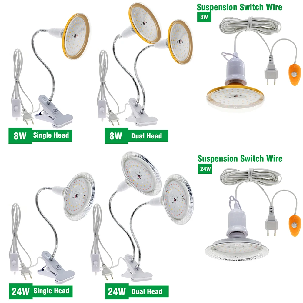 Luz de cultivo de espectro completo E27, 220V, 8W, 24W, 3000K para plántulas de flores vegetales de interior, 48 piezas para el crecimiento de plantas de invernadero