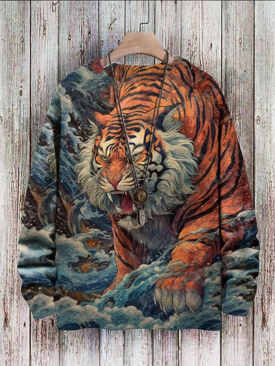Jersey de punto con estampado 3D de arte de tigre y León colorido para hombre, Jersey de punto informal Unisex de invierno ZZM114