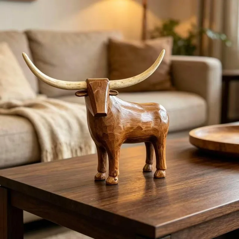 19cm Longhorn Bull Statue Cattle Sculpture Resin Figurine Vintage Western Rustic Brown Home Office Shelf Tabletop Decoration