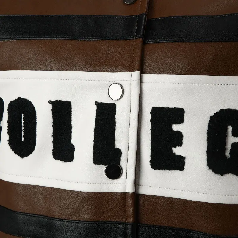 Veste de luxe en cuir PU brodé pour femmes, blouson bombardier contrasté, manteaux courts en cuir pour motard, vêtements d'extérieur de course pour femmes