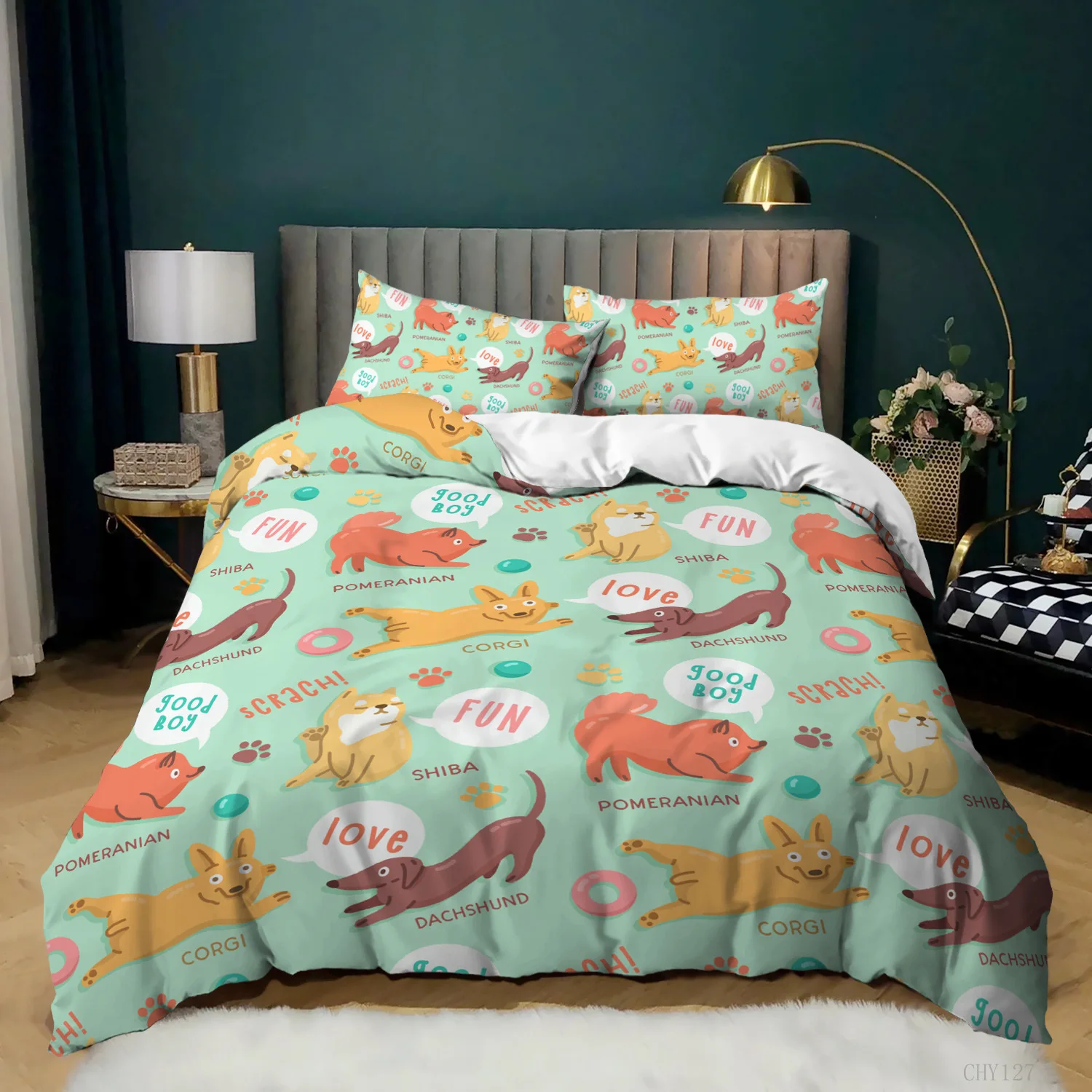 Imagem -04 - Cute Dogs Bedding Conjunto para Crianças e Adultos Cartoon Corgis Dog Design Capa de Edredão Fronha Roupa de Cama Estilo Kawaii Single Double Size