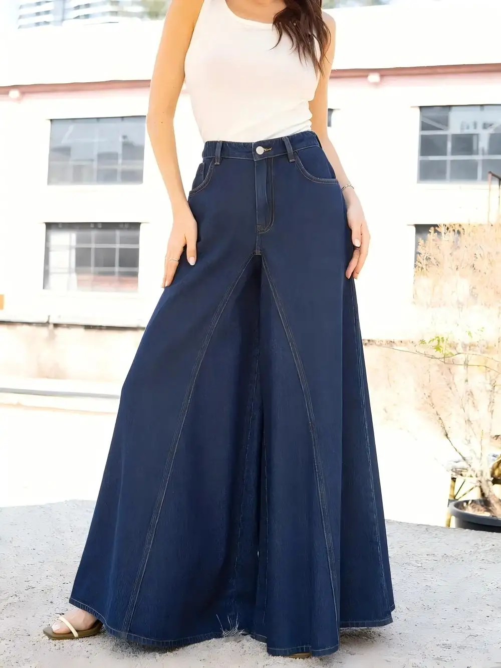 Women Elegant Simple Wide Leg Jeans Stretch Washed Denim Trousers