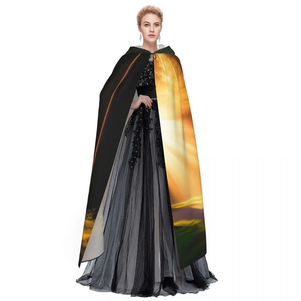 Forest With Sun Shining Adult Cloak Cape Hooded Medieval Costume Witch Wicca Elf Purim Carnival Party image 3