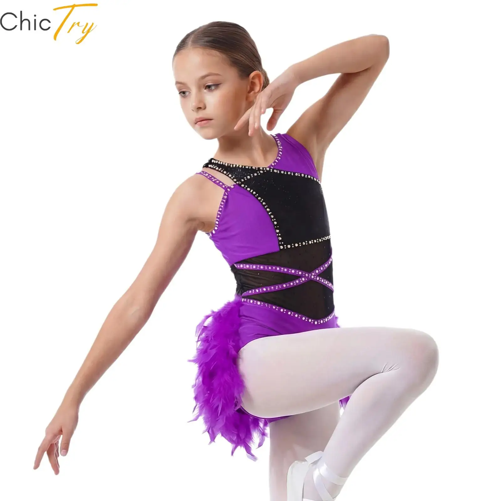 

kids Girls Latin Tango Rumba Samba Jazz Performance Dance Costume Sleeveless Sequin Mesh Feather Skirted Tutu Dress Dancewear