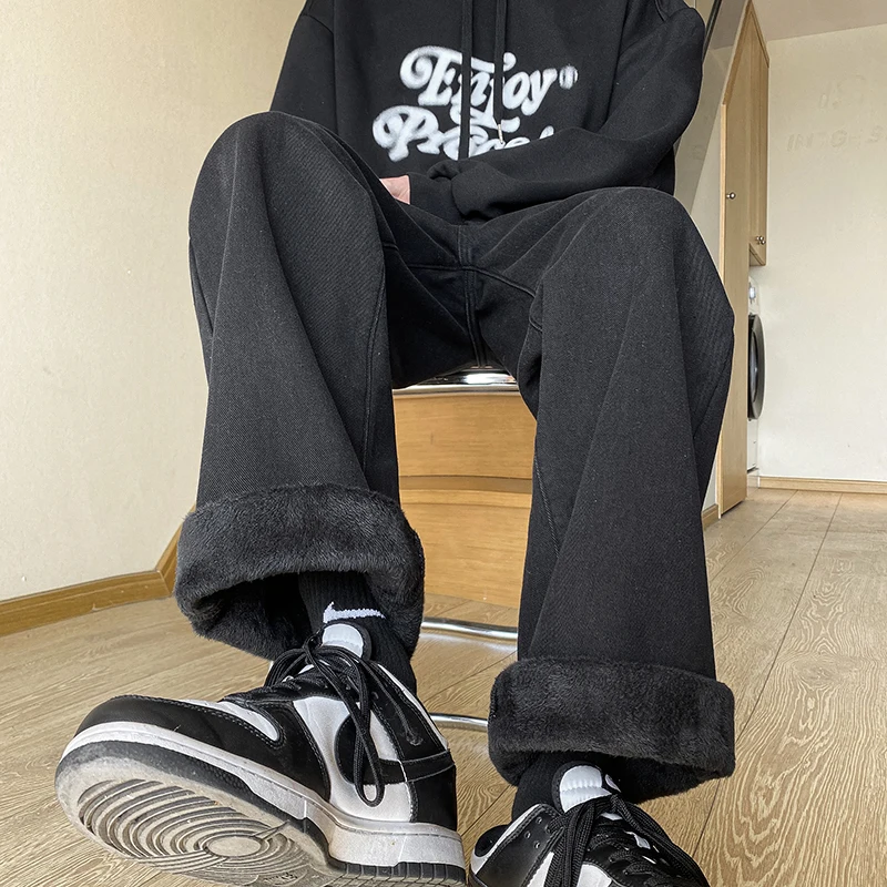 

Thiened Fce Men's Straight Leg Jeans Casual Warm Winter Long Pants American High Street Sle mid Waist Zipper Fly Jeans