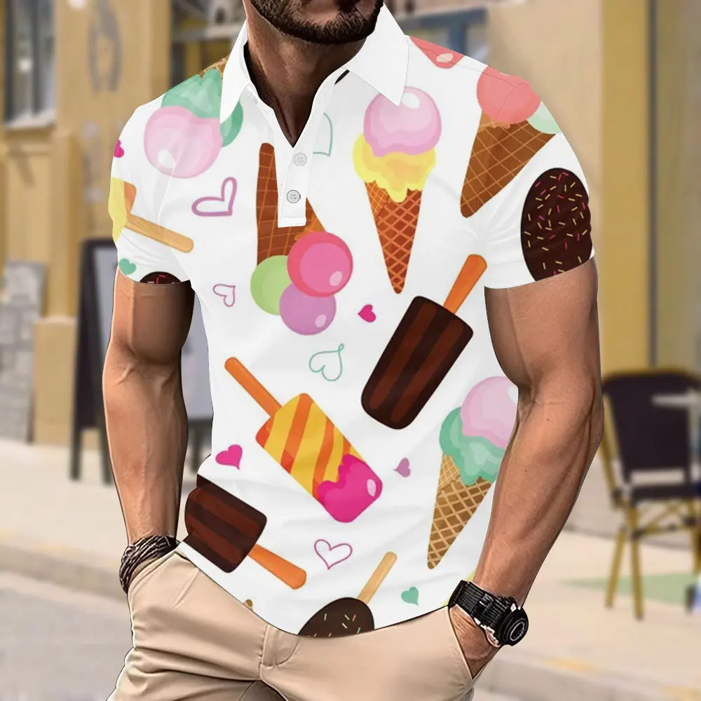 Ice Cream 3d Print Short-sleeved T-shirt Polyester Fashion Short-sleeved Top Loose Street T-shirt Mens Fashion Casual Polo Shirt