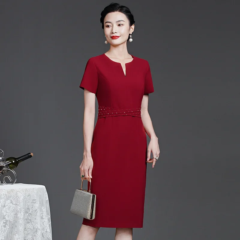 

Yourqipao Summer Fashion Simple Young Mother Slim Wine Red Banquet Party Qipao Chinese Style Evening Wedding Dress for Women