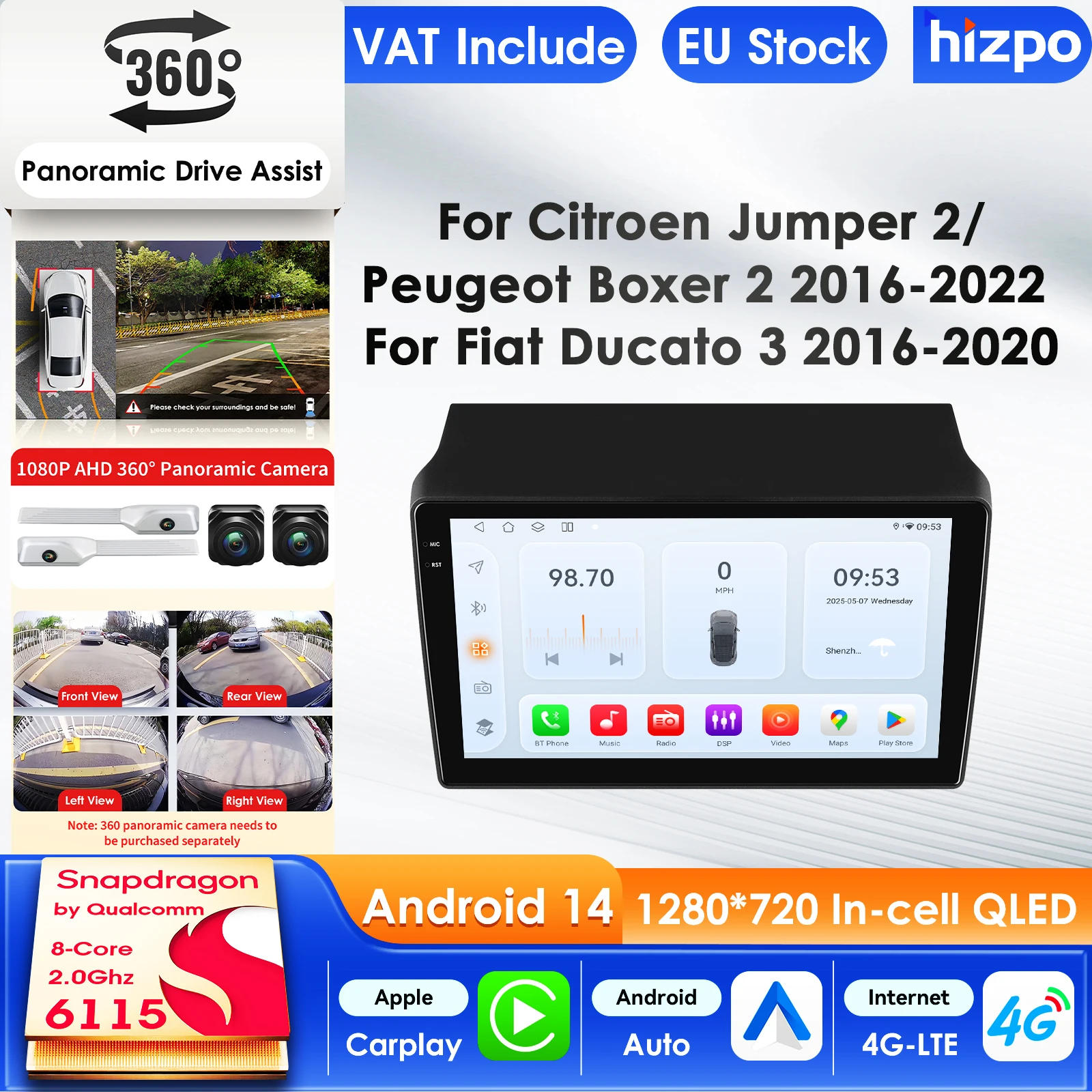 Hizpo Android 15 Carplay Radio für Fiat Ducato 3, Citroen Jumper 2, Peugeot Boxer 2 (2016-2022) – Carplay Multimedia Player mit 4G GPS, 9 Zoll QLED Intelligentes Auto-Display, Automotive Head Unit