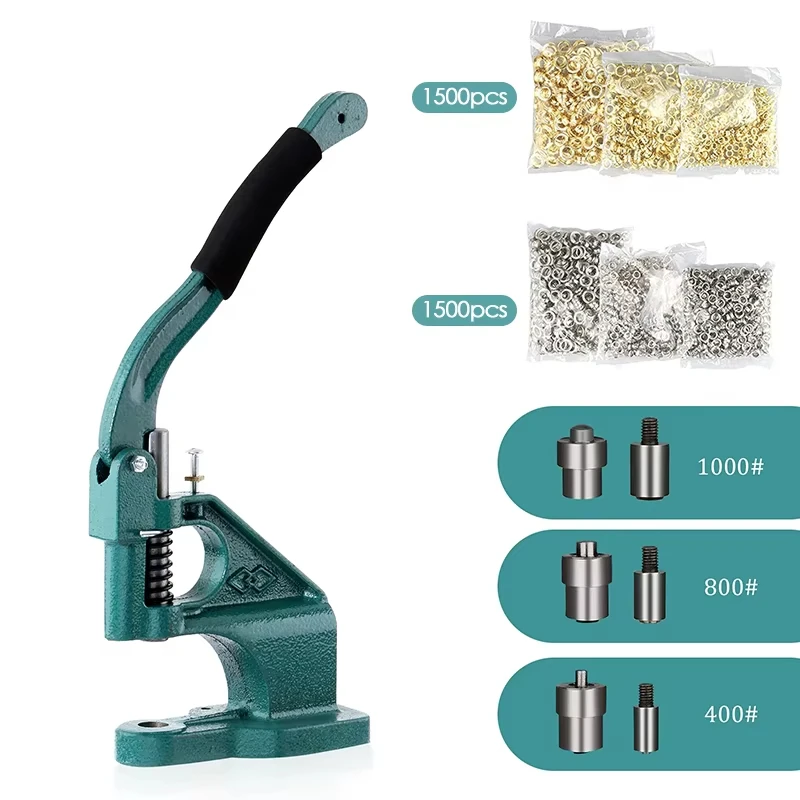

Hand Press Grommet Machine 6/10/12mm Grommet Eyelet Set with 3 Dies Mold 1500pcs Leathercraft Rivets Tool for Handmade Projects