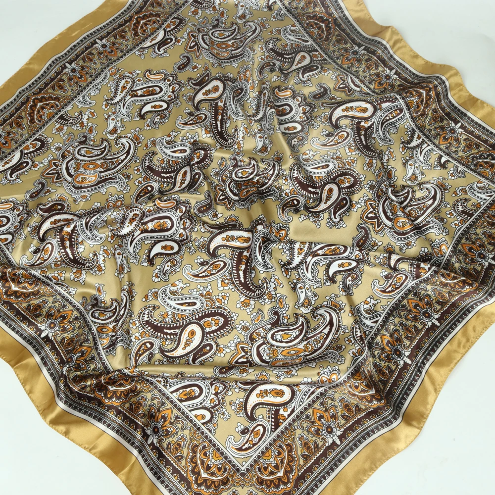 Vintage Gold Paisley Silk Head/Hair Scarf Women Fashion Band Ties Hand Kerchief Foulard Femme Luxe Marque Hijab 90X90CM