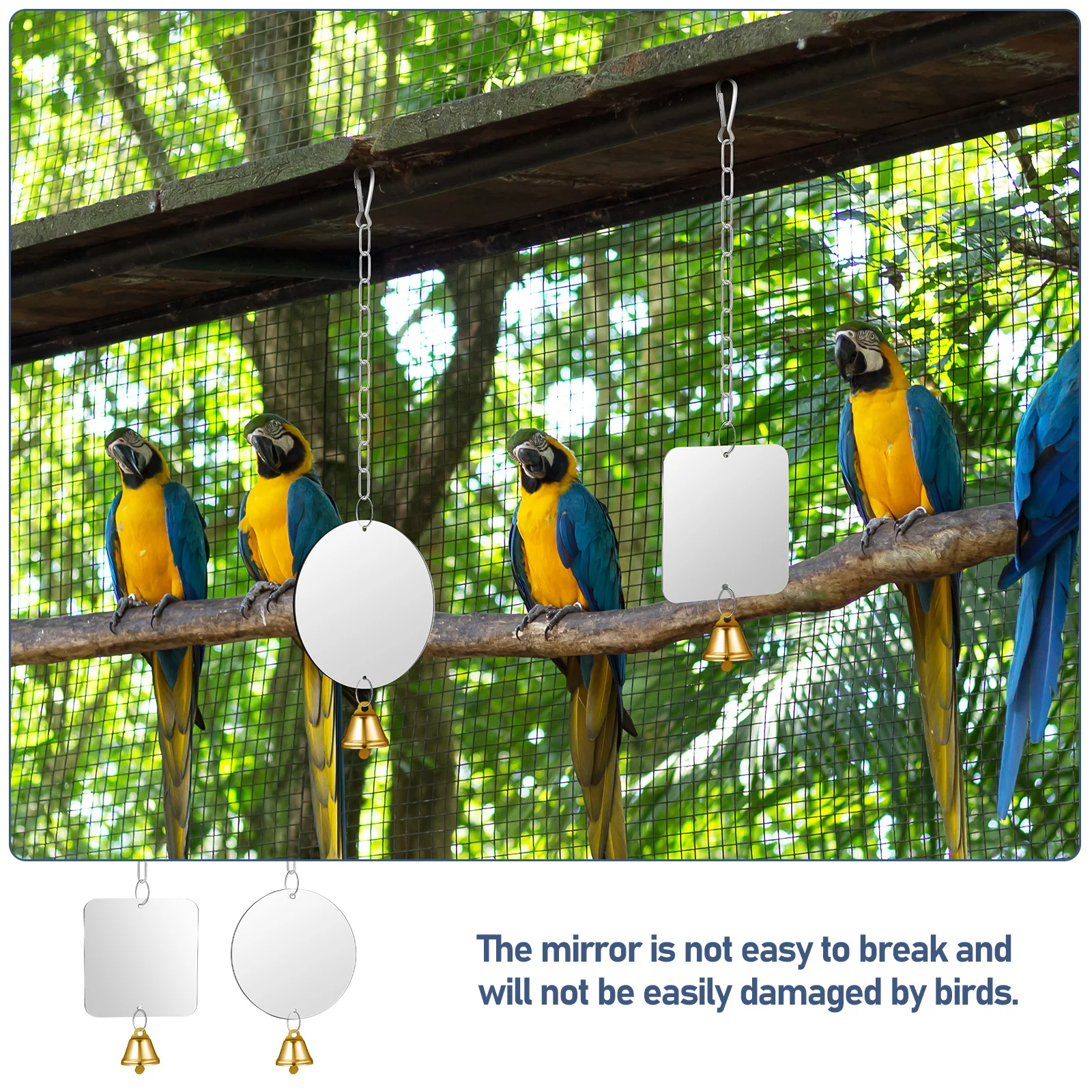 

2Pcs Bird Mirror Bell Swing Hanging Parrot Cage Accessories Decoration for Parakeet Cockatiel Finch Canary Bird Mirror