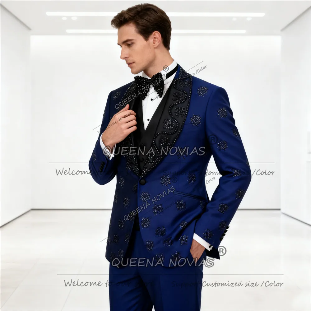 

Unique Design Pearls Beaded Men Suits 3 Pieces Sets Groom Prom Blazers Slim Fit Wedding Tuxedos Customized trajes para hombre