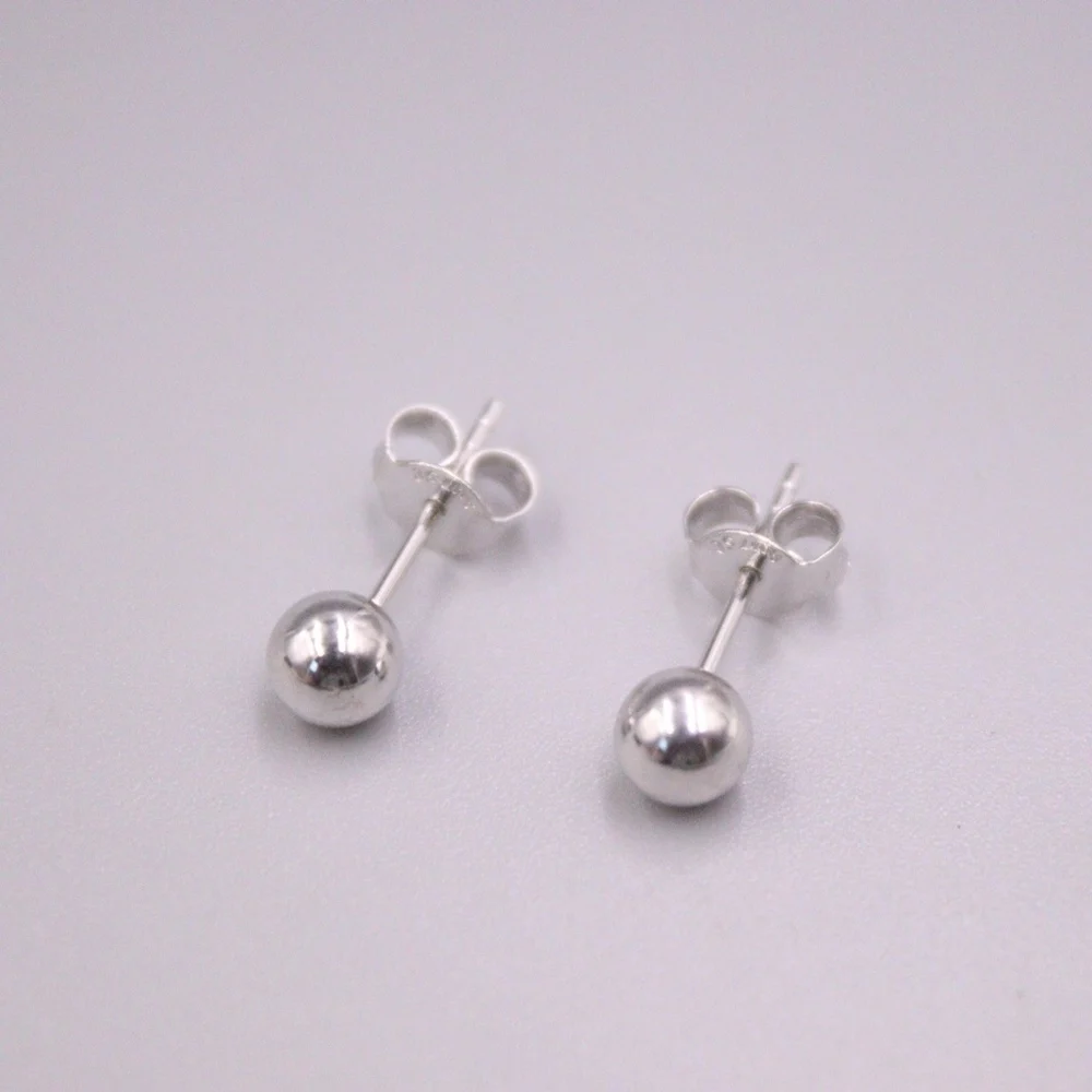 Real Pure 18K White  Gold Stud Men Women Lucky 5mm Glossy Ball Bead Earrings 1.23g