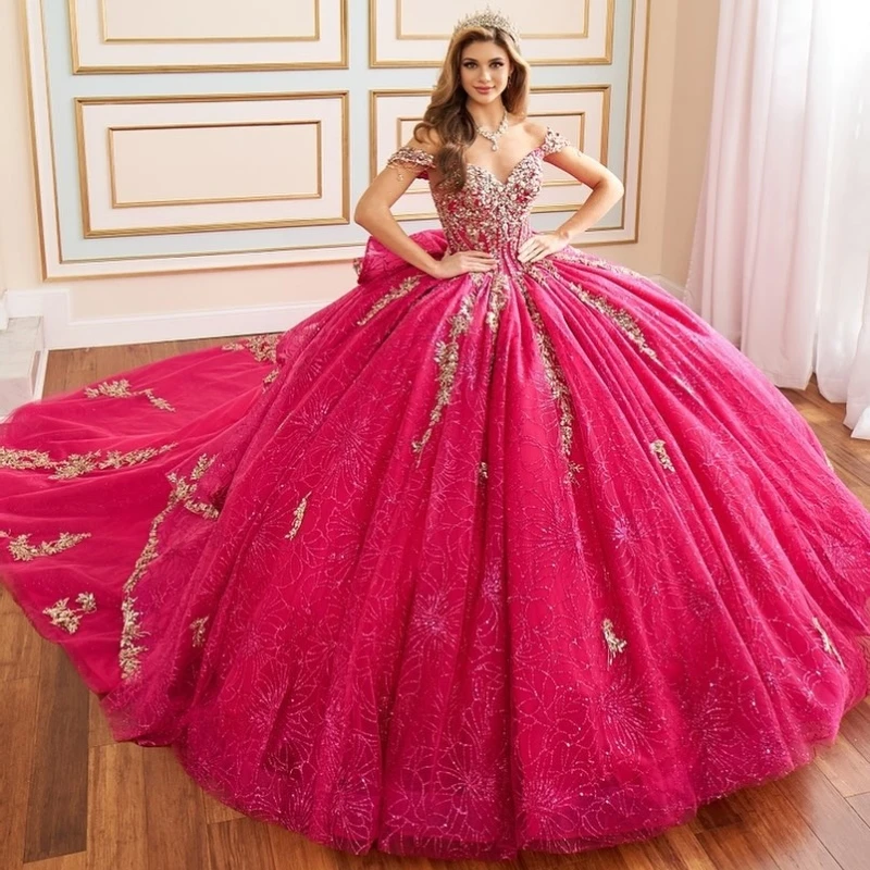 Robe de Bal Kendny Quinceanera Rose Rouge, Appliques en Dentelle, Perles, Clip, Corset, Formel, Personnalisé, Doux