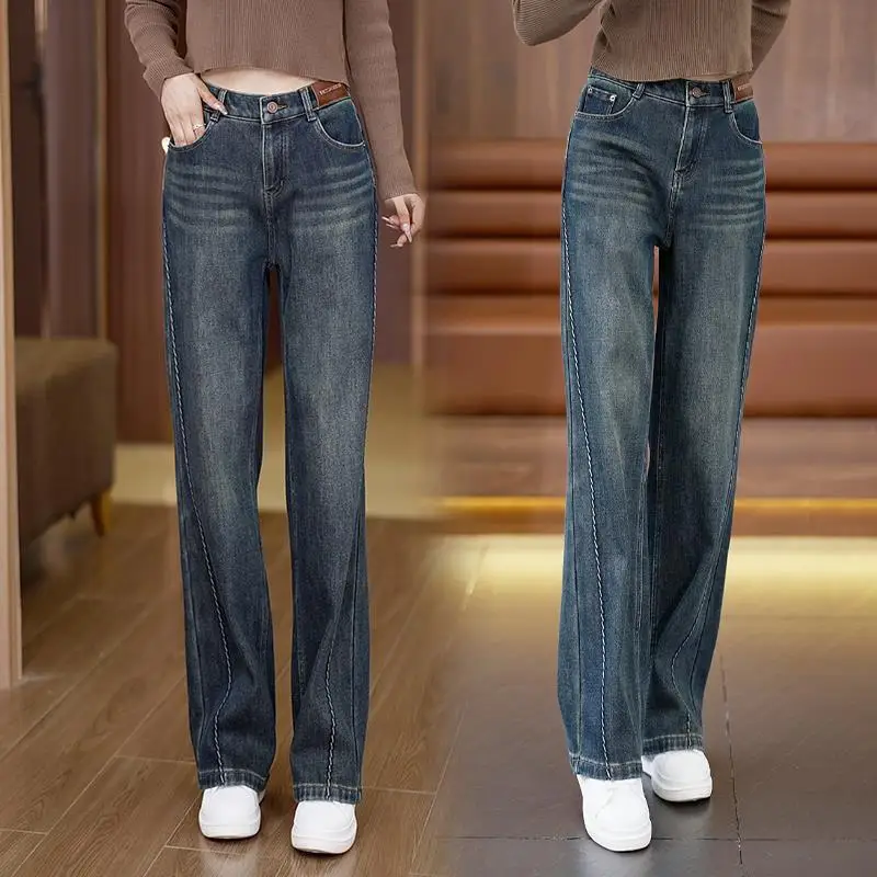 Jeans imbottiti in pile da donna invernali di fascia alta a vita alta ispessita versione stretta pantaloni a gamba larga stile autunno e inverno da donna