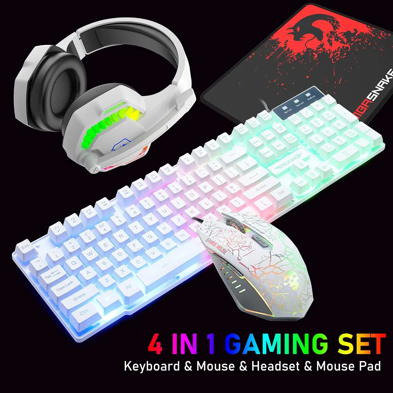 MAMBASNAKE T11 UK 100% Gaming Keyboard&Mouse&Headset&Mouse Pad Combo Set Rainbow Backlit Keyboard, 2400DPI 4 Buttons USB Wired