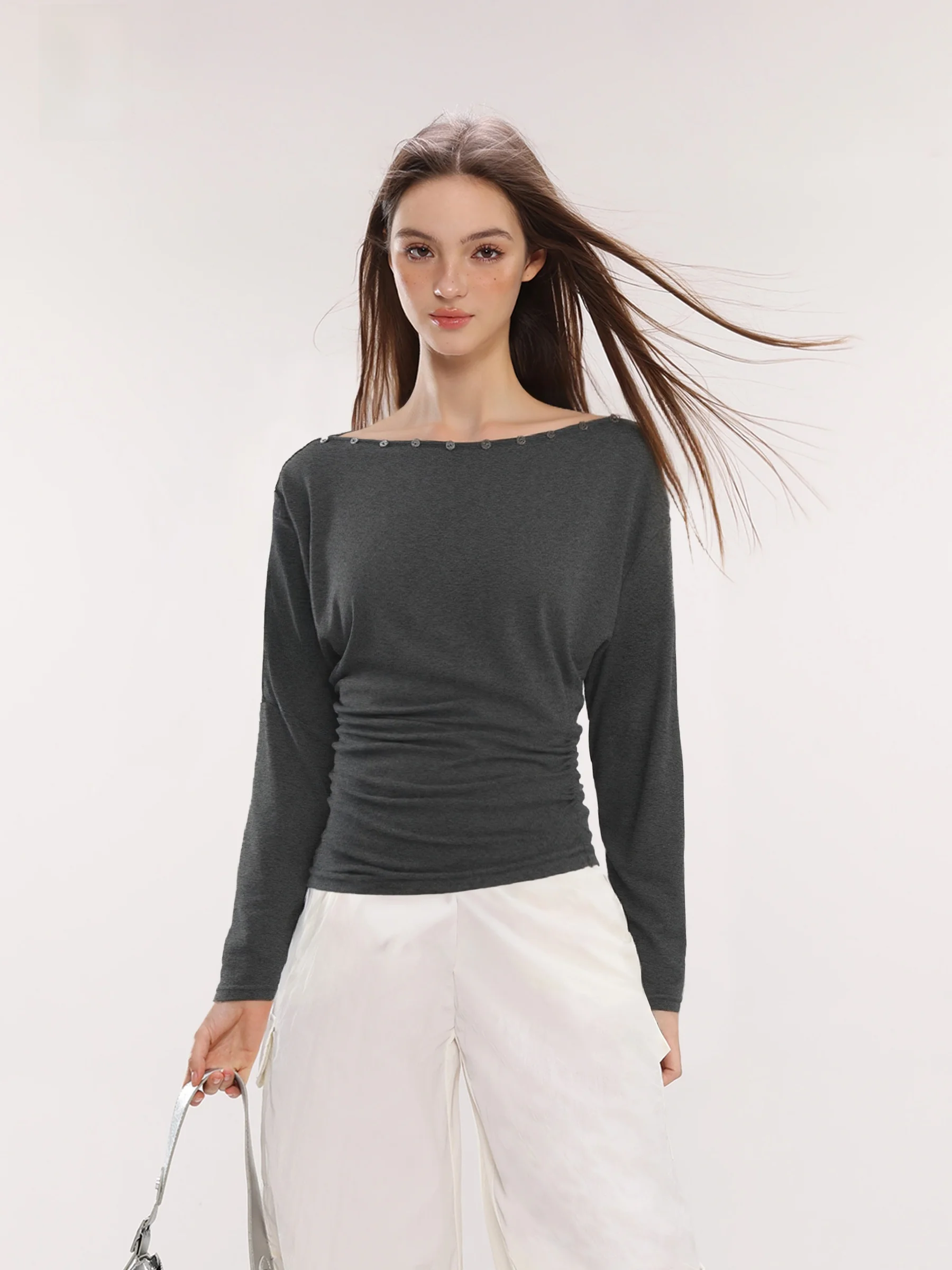 

American Style Long Sleeve Slim Fit T-Shirt Women's Base Layer Shirt Shoulder Baring Design Autumn Waist Cinching Effectiveness