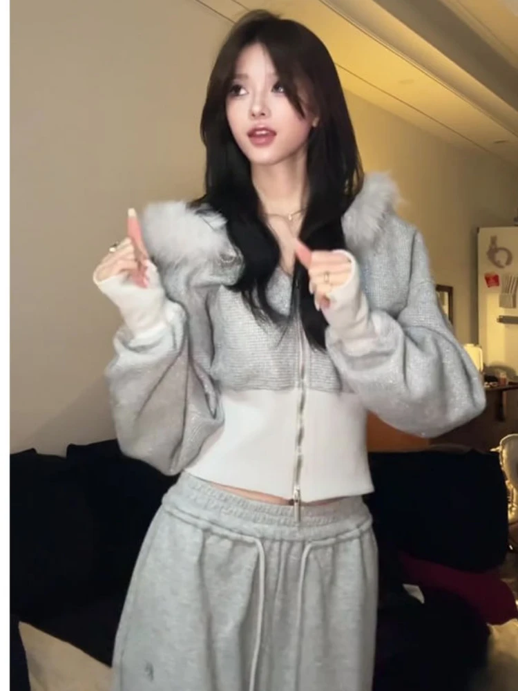 Spring Autumn Cropped Jacket Fur Collar Hooded Sweatshirt Long Sleeve Coat Y2k Tops Slim Streetwear Zips Outerwear Aesthetic Top