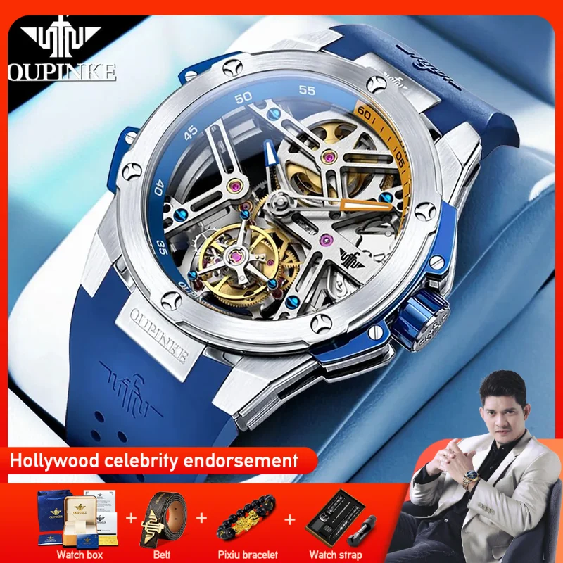 

OUPINKE 8003 Mens Watch Original Luxury Brand Tourbillon Skeleton Automatic Movement Mechanical Watch Silicon Strap Men Gifts