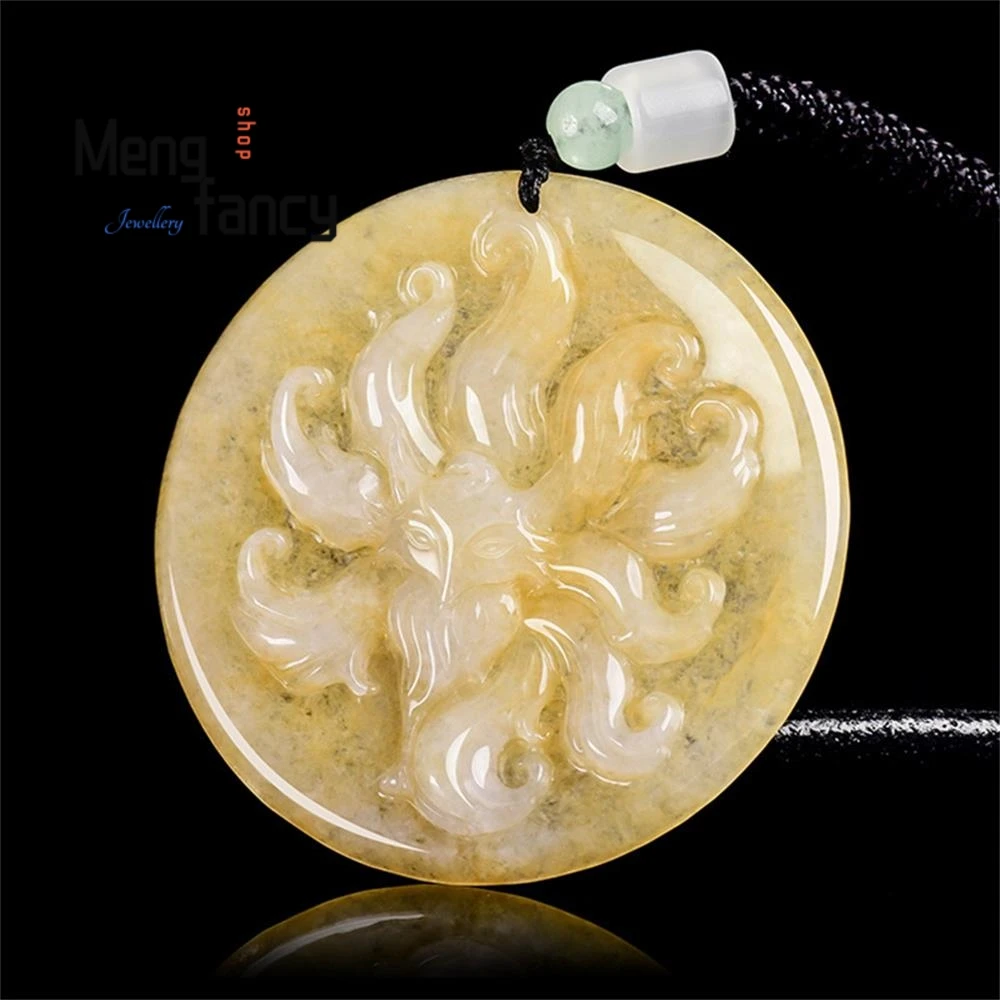 

Natural A-grade Jadeite Yellow Burning Process Nine Tailed Fox Fairy Jade Pendant National Style High-grade Fashion Fine Jewelry
