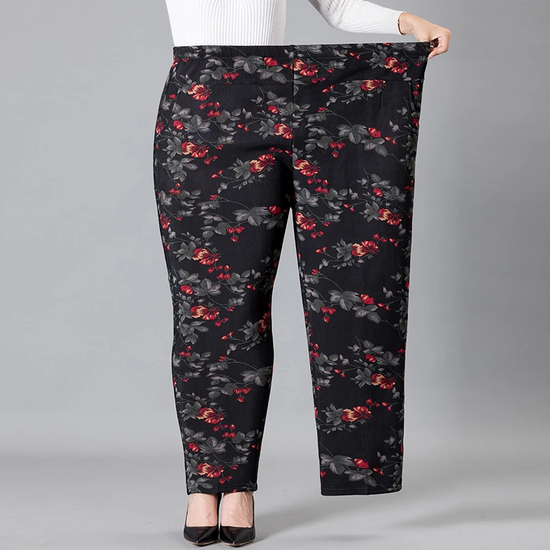 8XL 9XL Frauen Mittleren Alters Hosen Neue Druck Elasti Hohe Taille Casual Hosen Frühling und Herbst Gerade Hosen Oversize Oma pa – Detail 23