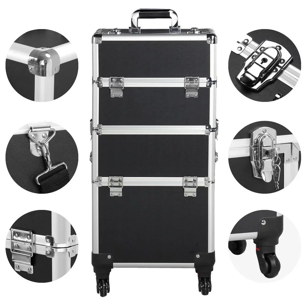 Professional Makeup Case 3 In 1 Portable Trolley Black Organizer Travel Professional Luggage Cosmetic Bag Portable Train Trolley