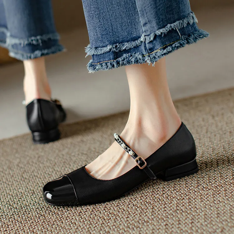 2023 New Colored Flat Shoes Round Toe Women's Single Shoes Pearl Chain Buckle Shallow Cut Leather Shoes Cowhide Mary Jane Shoes