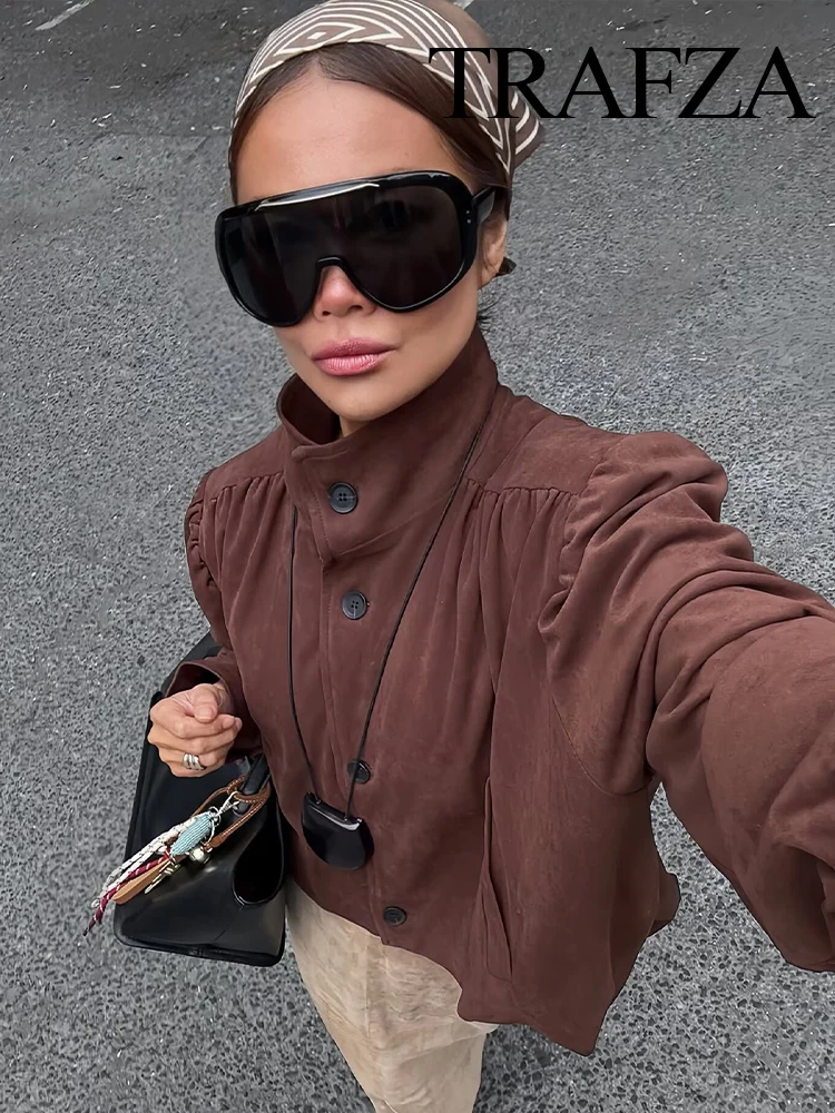 

TRAFZA Women Autumn Vintage Suede Pleated Design Jacket Female Turtleneck Single-breasted Long Sleeves Pockets Casual Short Coat