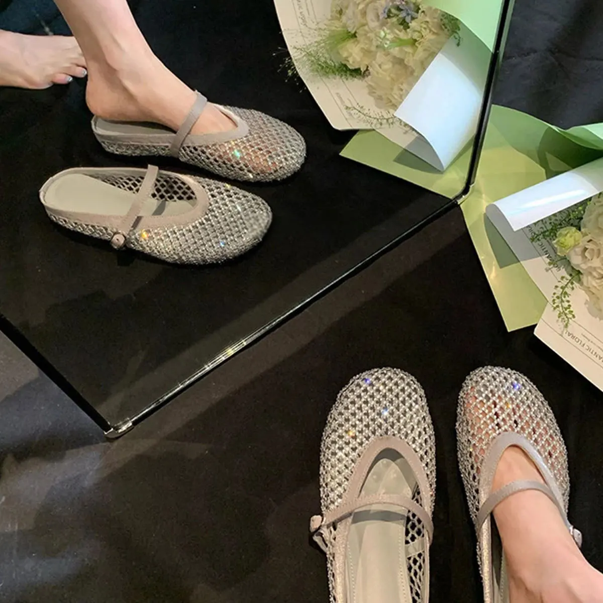 Inner height increase 4cm bag head half slippers women's rhinestone word with fishing net shoes cool slippers